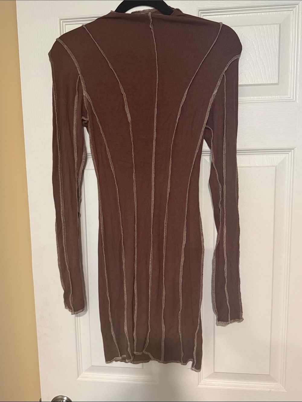 Brown Long-Sleeve Ribbed Bodycon Dress